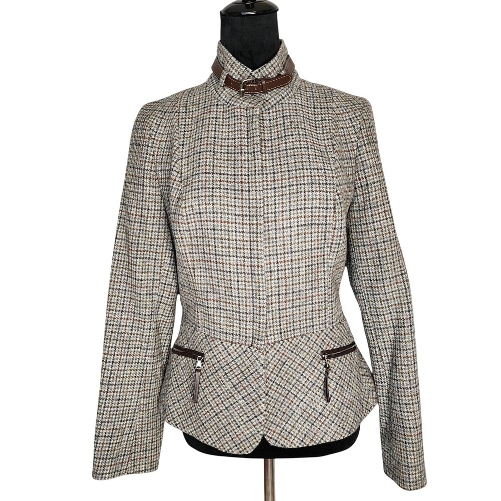 TALBOTS Size 8 Herringbone Tweed Tailored Riding Jacket Wool Blend Zip Pockets